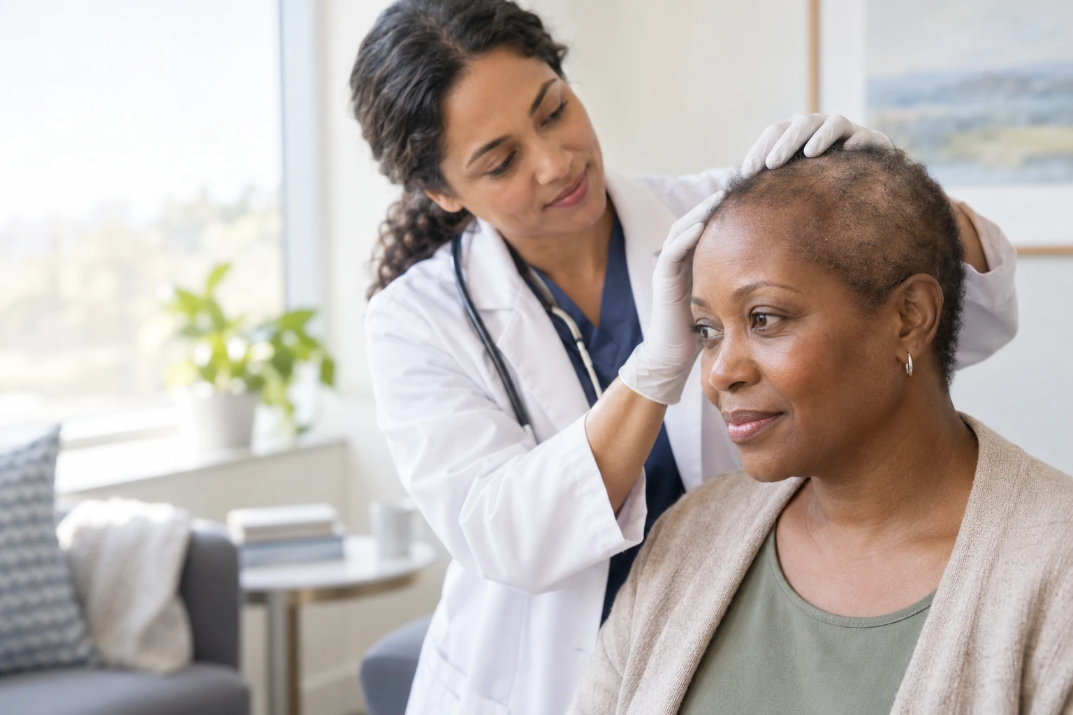 Clinician examining rapid diffuse hair loss associated with anagen effluvium