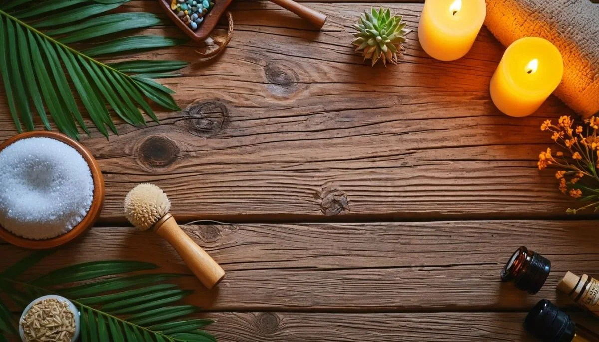 An assortment of scalp massage tools and essential oils in a spa.