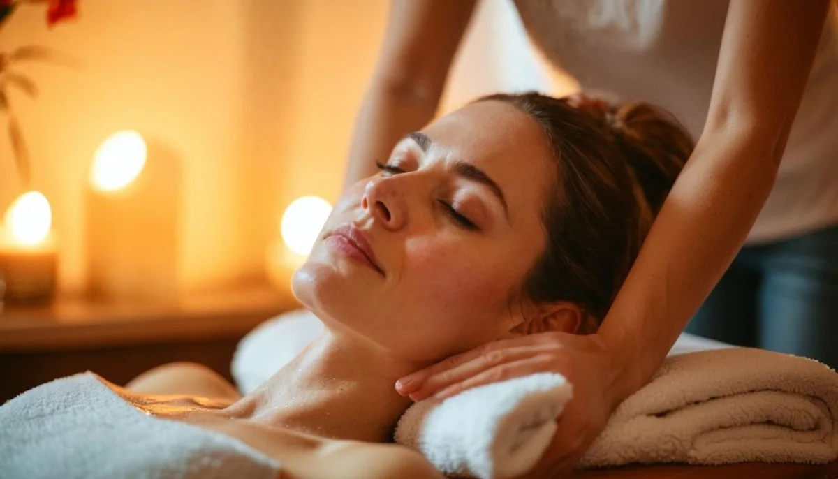 A woman in her thirties enjoying a relaxing scalp massage at home.
