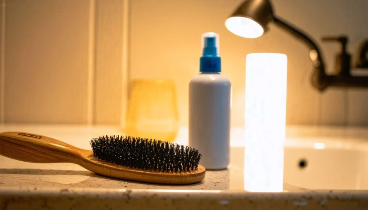 An old hairbrush and heat protection spray bottle on bathroom countertop.