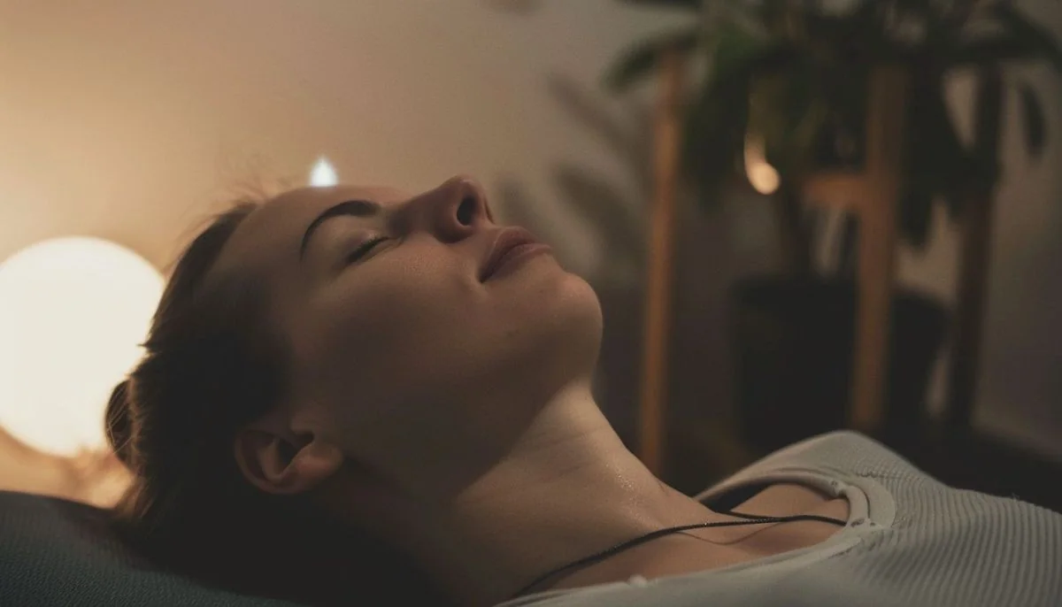 A woman in her 30s enjoying a scalp massage for hair growth and stress relief.