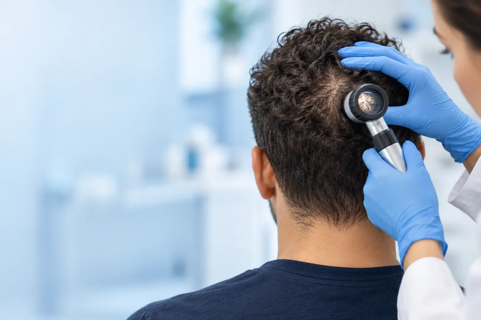 AI-generated editorial image of a clinician examining a scalp; not a patient case