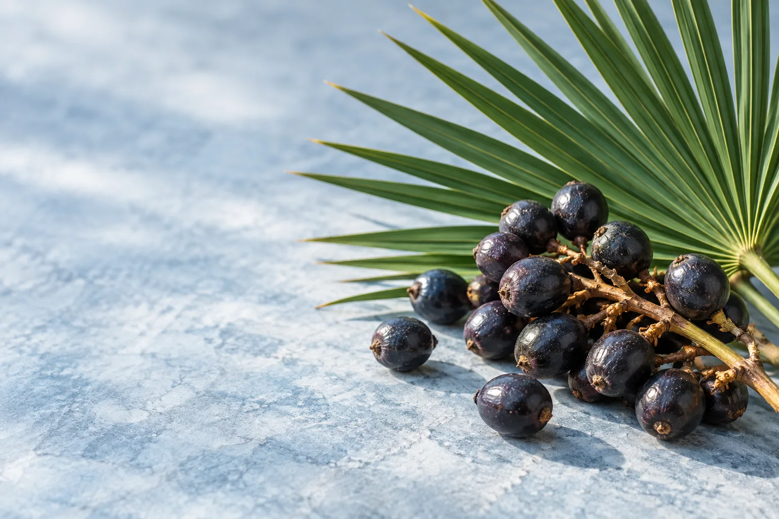 AI-generated botanical still life of saw palmetto berries and a fan-shaped leaf
