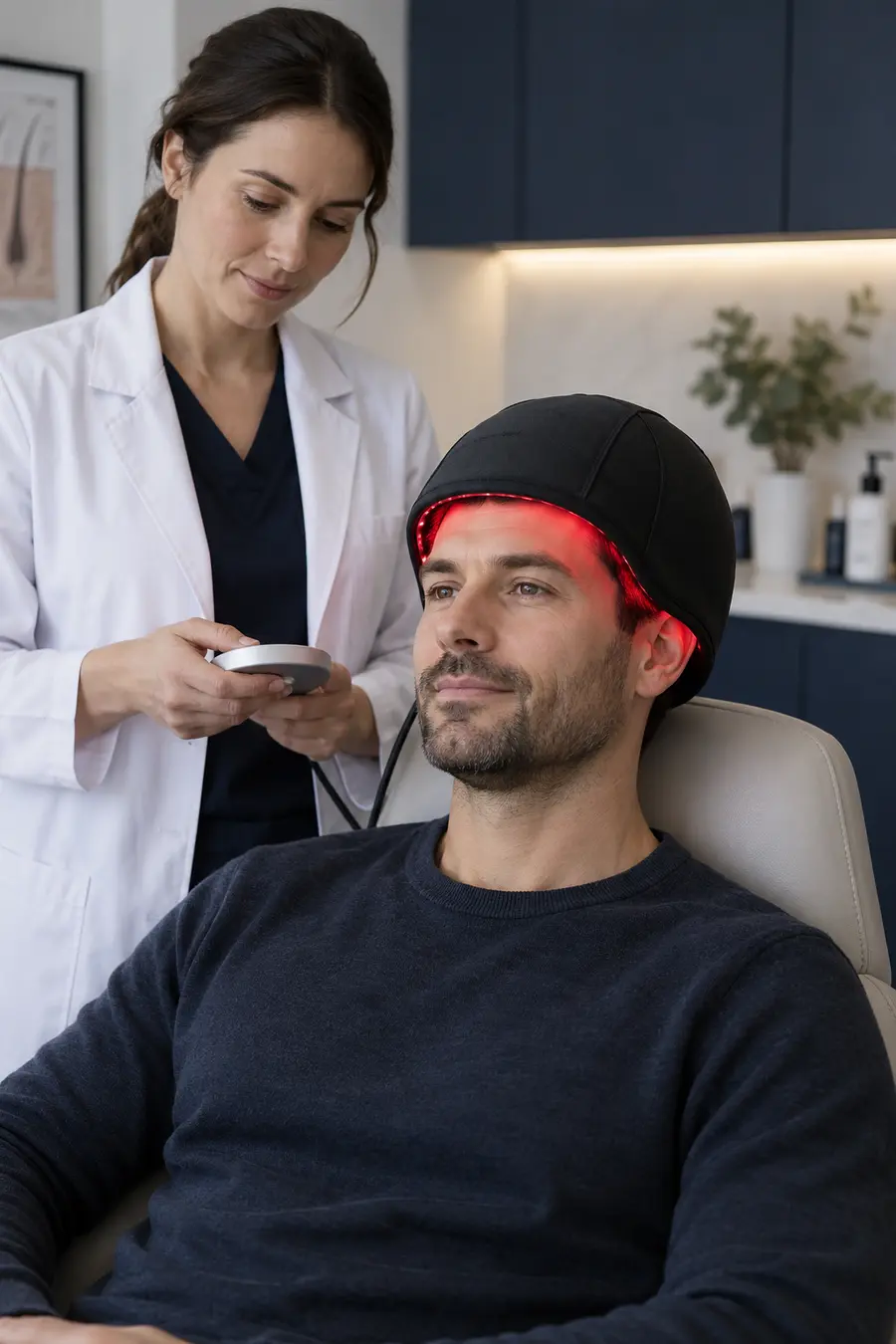 Patient using an unbranded low-level light therapy cap in a clinical setting