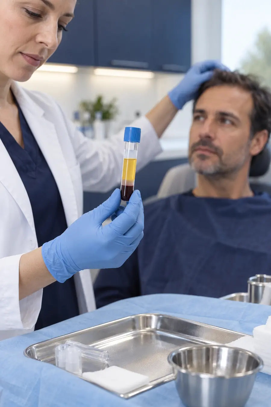Clinician displaying a prepared platelet-rich plasma tube before a scalp procedure