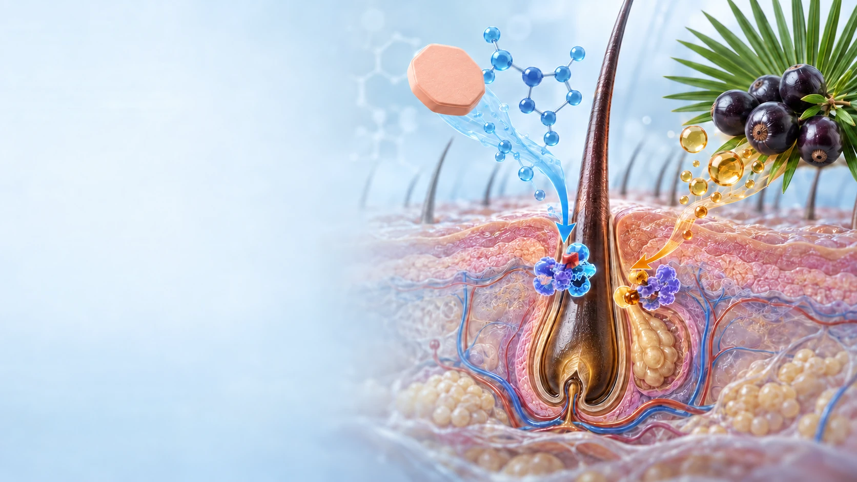 Clinical illustration comparing an unbranded octagonal finasteride tablet and saw palmetto extract around an androgen-sensitive hair follicle
