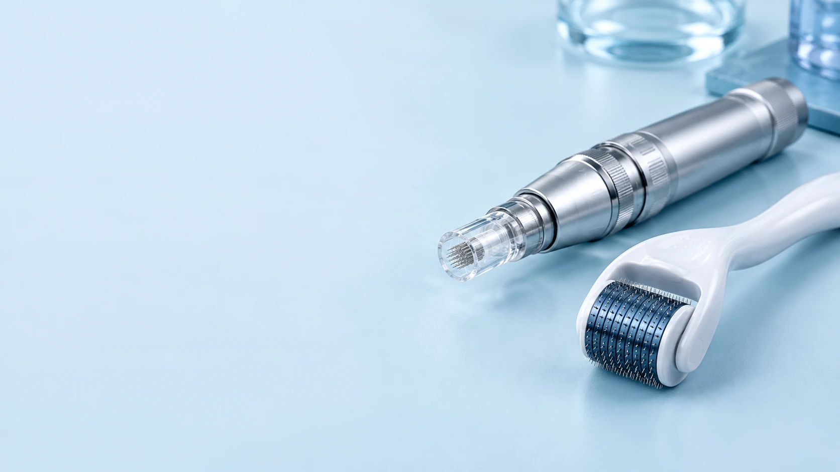 Clinical microneedling device positioned near a patient’s scalp