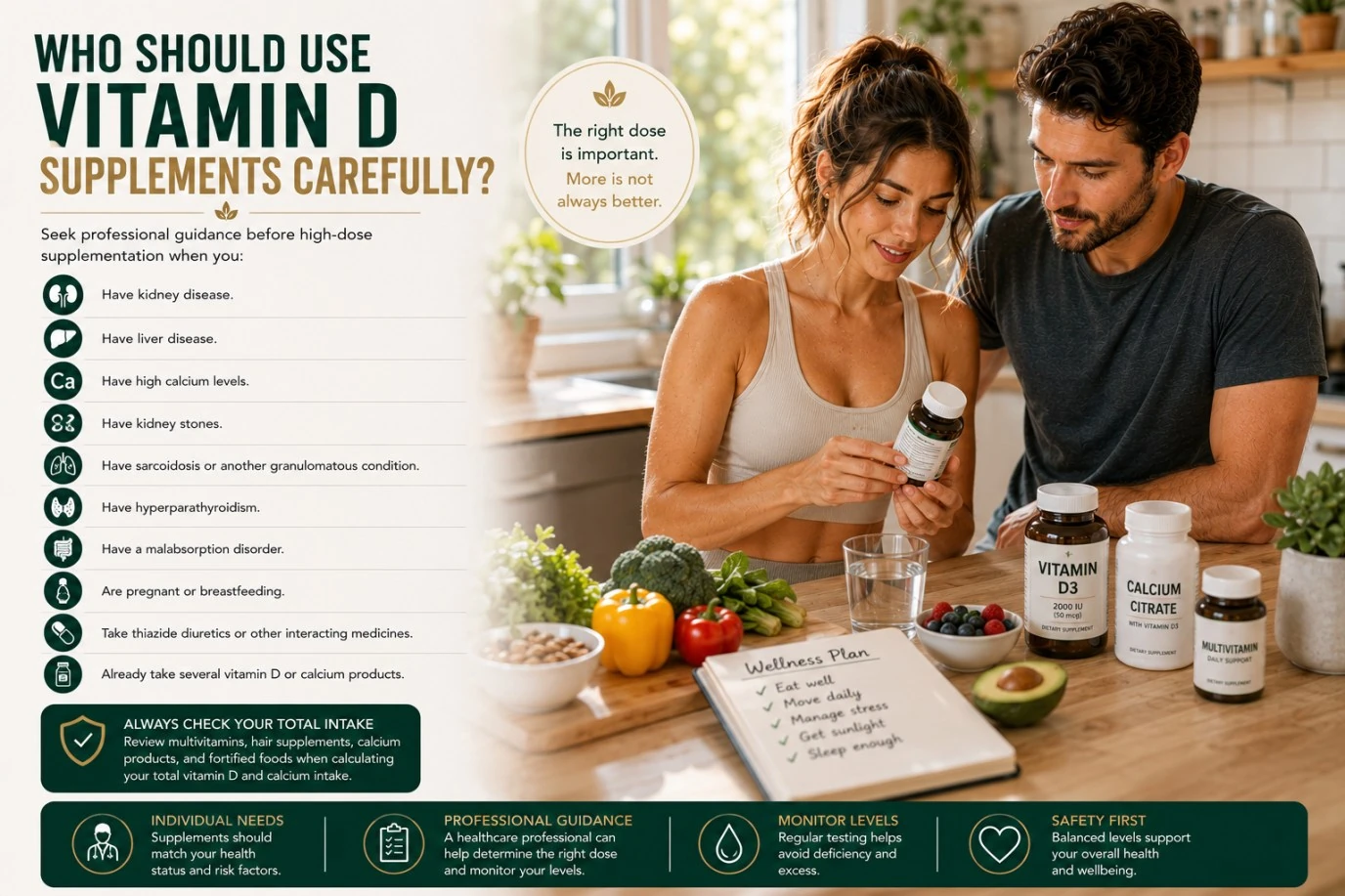 Vitamin D from sunlight, food and supplements for maintaining healthy blood levels