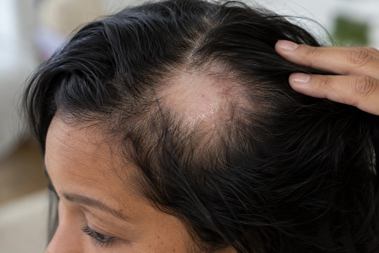 Visible scalp changes associated with possible scarring alopecia