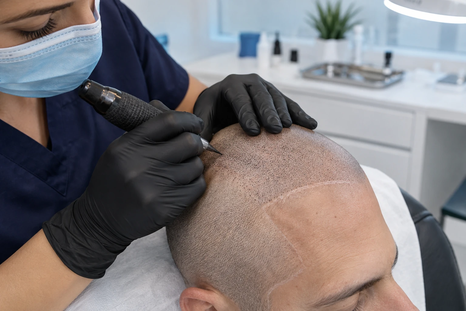 Scalp micropigmentation procedure on a closely shaved scalp