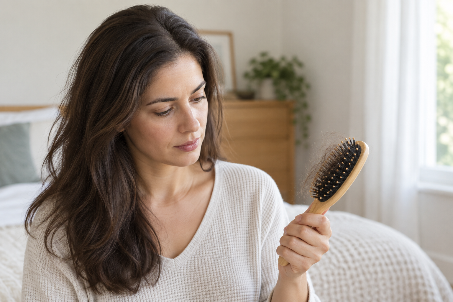 Woman noticing diffuse hair shedding collected in a hairbrush