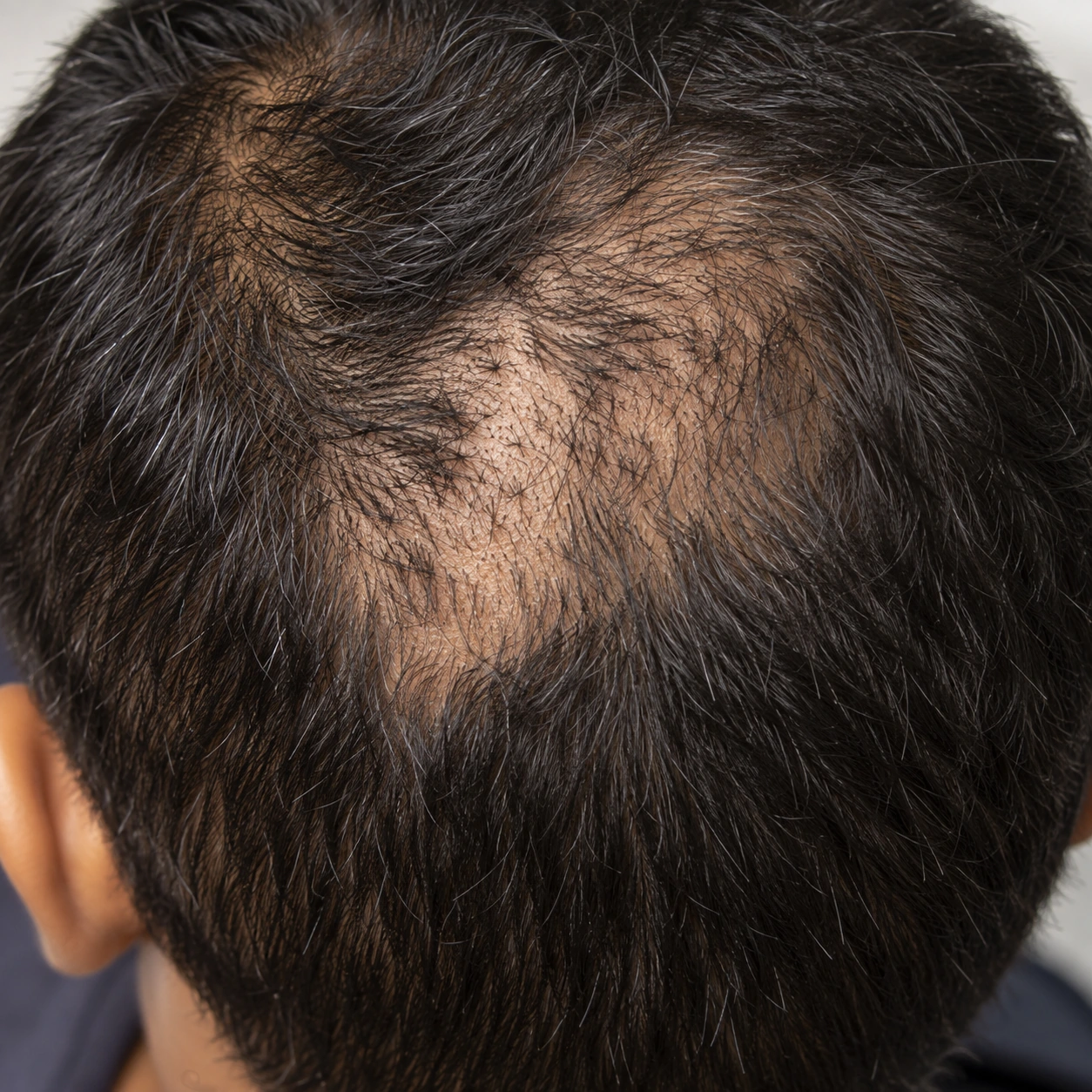 Irregular patch containing hairs of different lengths associated with trichotillomania