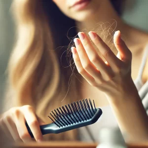 Close-up of a woman examining hair loss in her hand after brushing