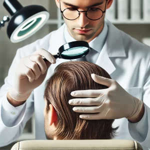 Trichologist performing a scalp analysis on a patient using a magnifying too