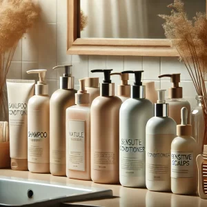 Various hair care products lined up on a bathroom counter, including shampoos and conditioners for sensitive scalps