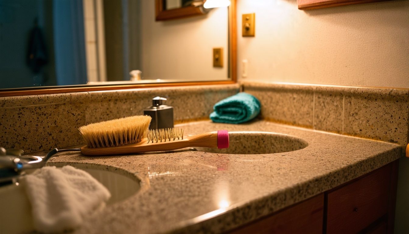 A hairbrush sits on a cluttered bathroom vanity in a dimly lit bathroom.