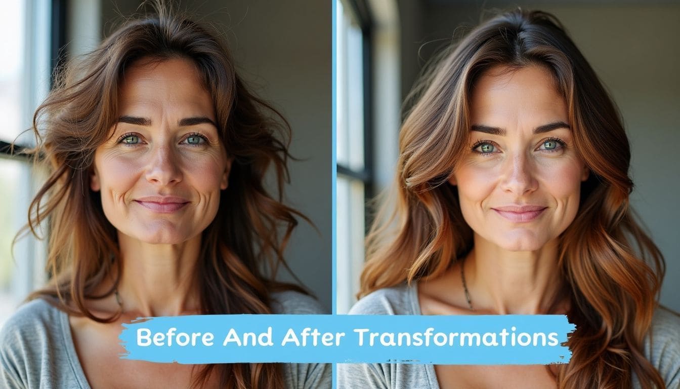 Before and after hair transformation using specialized hair care product.