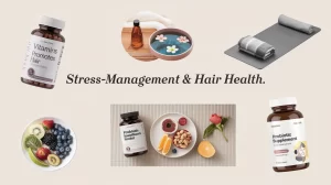 A clean, organized image with a layout showing various stress-management and hair health treatments. Include items like a bottle of vitamins, a relaxing spa setup, yoga mat, healthy foods, and a bottle labeled 'Probiotic Supplement.' Each item is labeled with a brief description, such as 'Reduces Stress Hormones' or 'Promotes Hair Growth,' emphasizing holistic wellness and balanced living for improved hair growth.