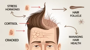 A detailed infographic-style image showing a hair follicle under stress, with arrows representing stress hormones impacting the follicle. The hair strand appears thinner and weakened, surrounded by stress-related elements like cortisol symbols and cracked, dry skin. A contrasting 'healthy' hair follicle with thicker hair is shown beside it, illustrating the effects of managing stress on hair health.